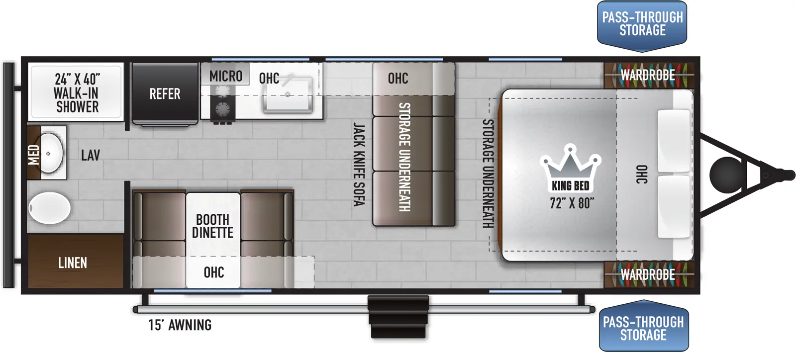 The 220RBLE has zero slideouts and one entry. Exterior features a 15 foot awning, and front pass-thru storage. Interior layout front to back: foot-facing king bed with storage underneath, overhead cabinet and wardrobes on each side; jackknife sofa with storage underneath along inner wall; off-door side overhead cabinet, kitchen counter with sink, cooktop, overhead cabinet, microwave, and refrigerator; door side entry, booth dinette and overhead cabinet; rear full bathroom with walk-in shower, medicine cabinet, and linen closet.
